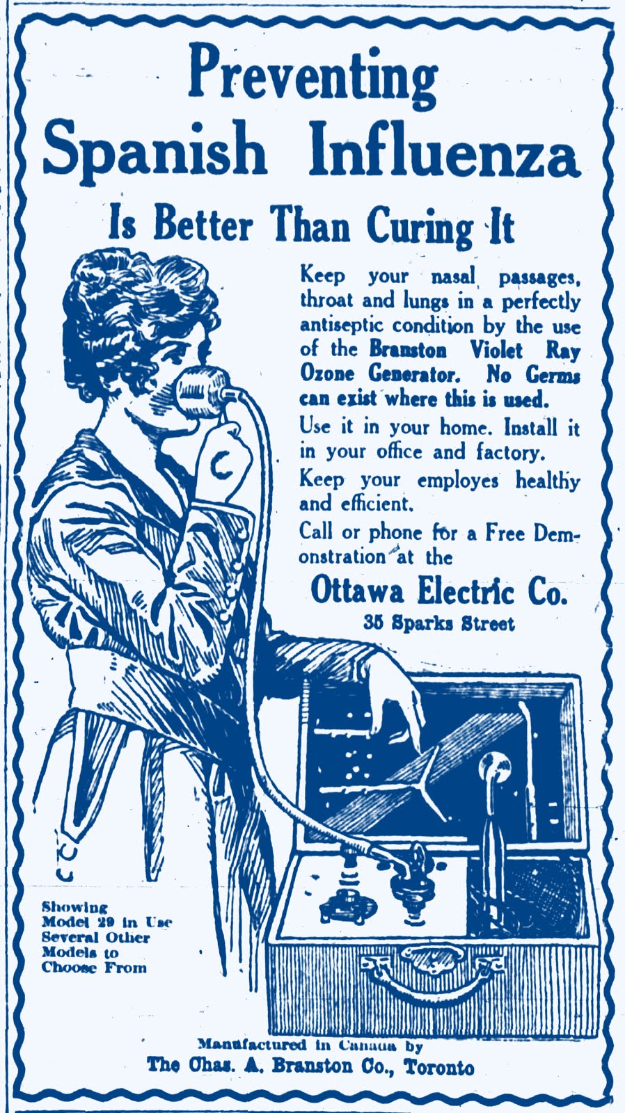 clipping advertising Violet Ray technology as preventive against spanish flu, 1918