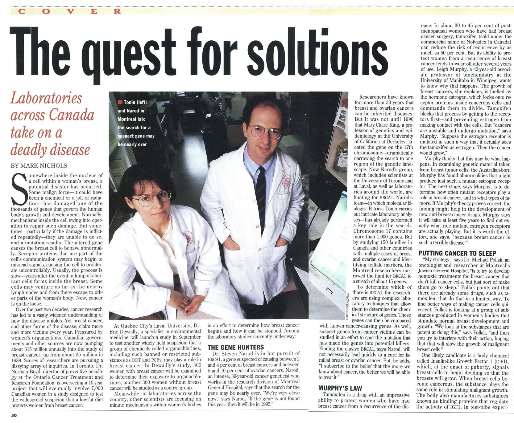 Macleans article about canadian breast cancer research featuring colour image of Drs. Tonin and Narod in their laboratory at the MGH